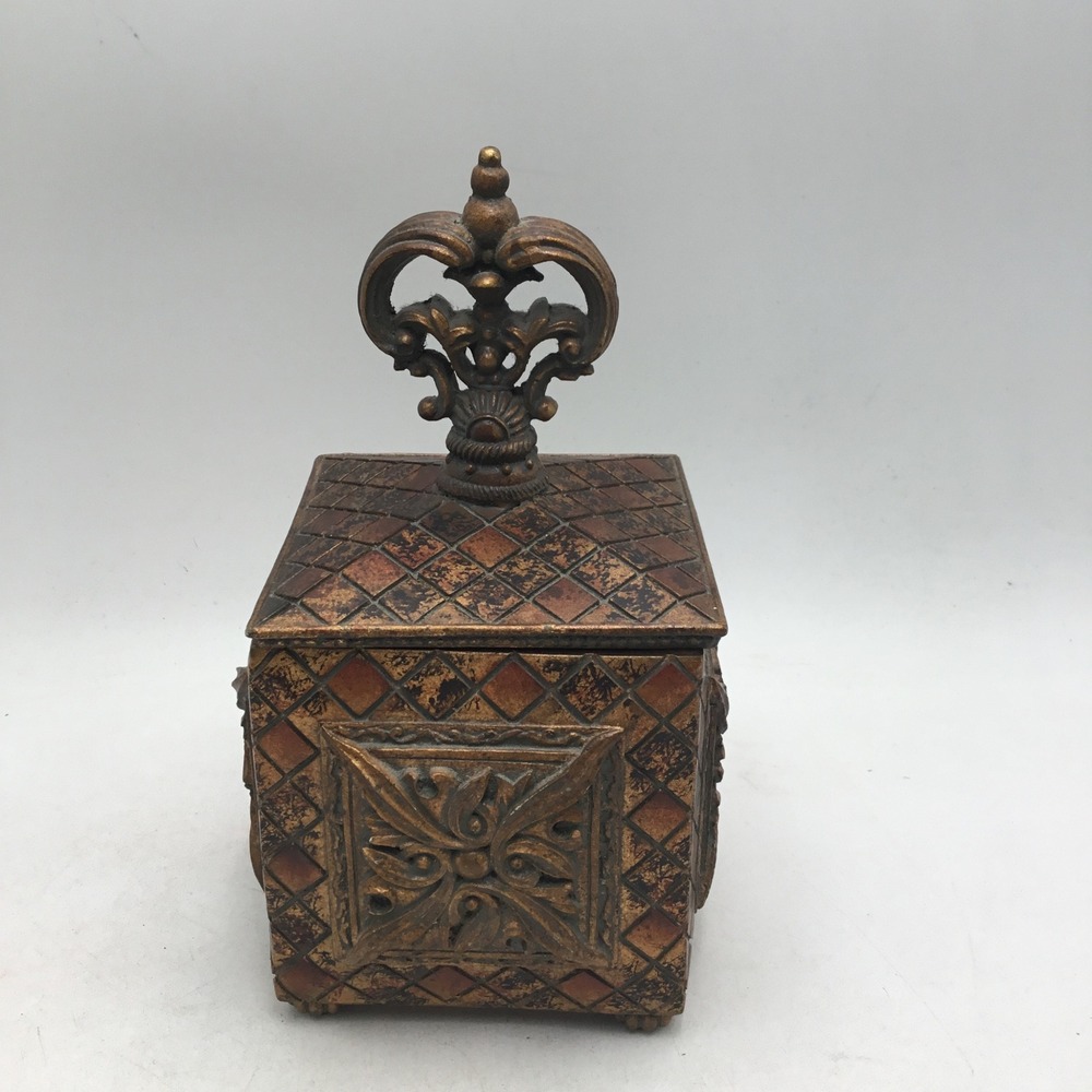 Ornate Bronze Tone Decorative Trinket Box with Finial Lid Fleur De Lis Scroll
